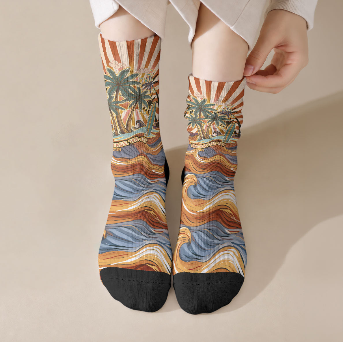 Aloha Nifty 50th Birthday Hawaii Crew Socks Vintage Retro Sunburst Tropical Palm Tree Surfboard Art TS04 Crew Socks Orange Beige - Polynesian Pride