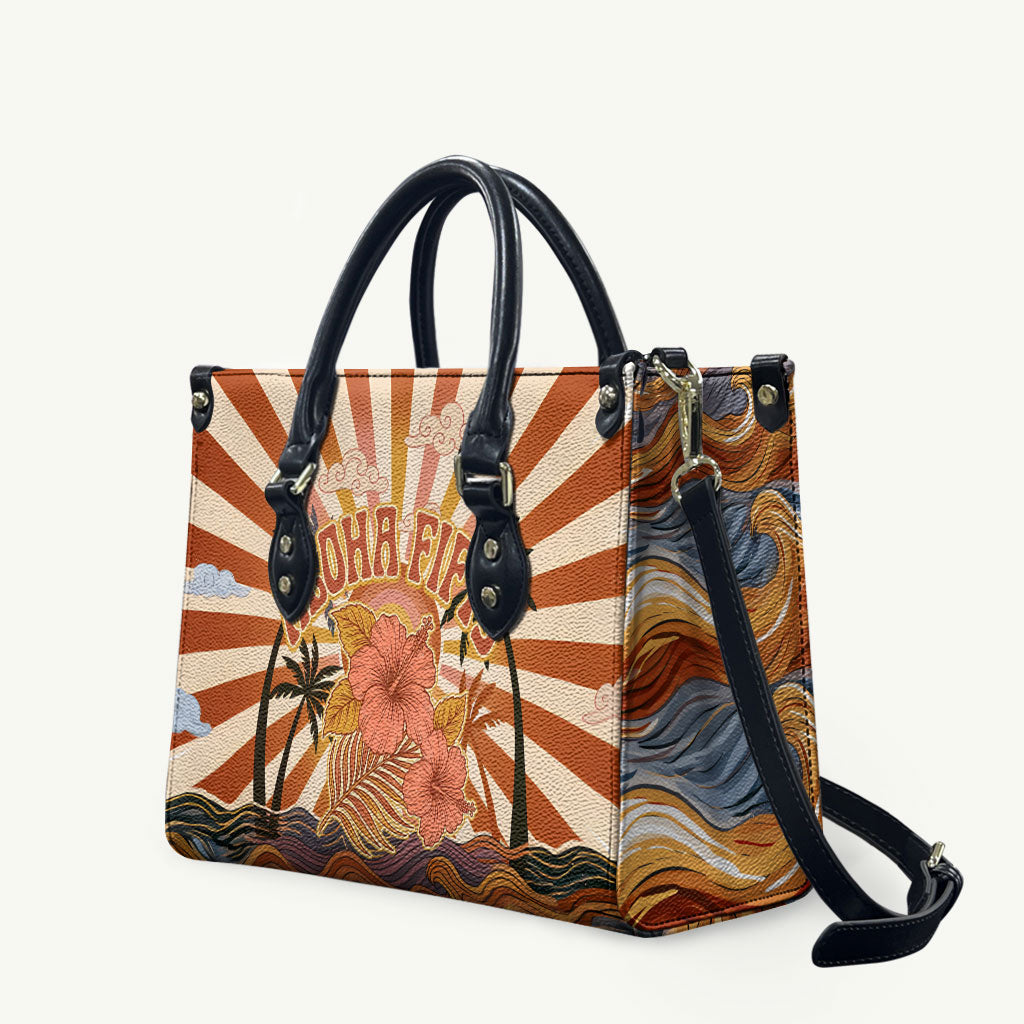 Aloha Nifty 50th Birthday Hawaii Leather Bag Vintage Retro Sunburst Tropical Palm Tree Surfboard Art TS04 Orange Beige - Polynesian Pride