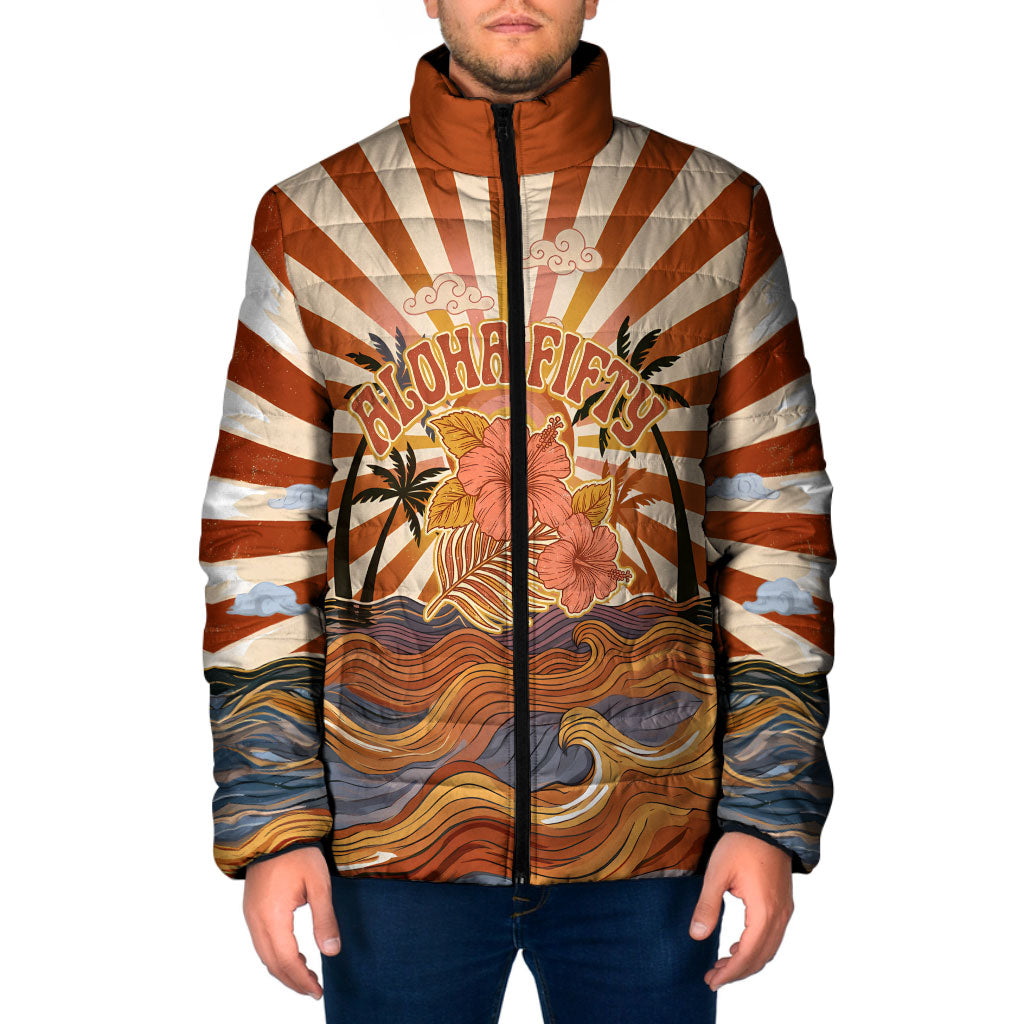 Aloha Nifty 50th Birthday Hawaii Padded Jacket Vintage Retro Sunburst Tropical Palm Tree Surfboard Art