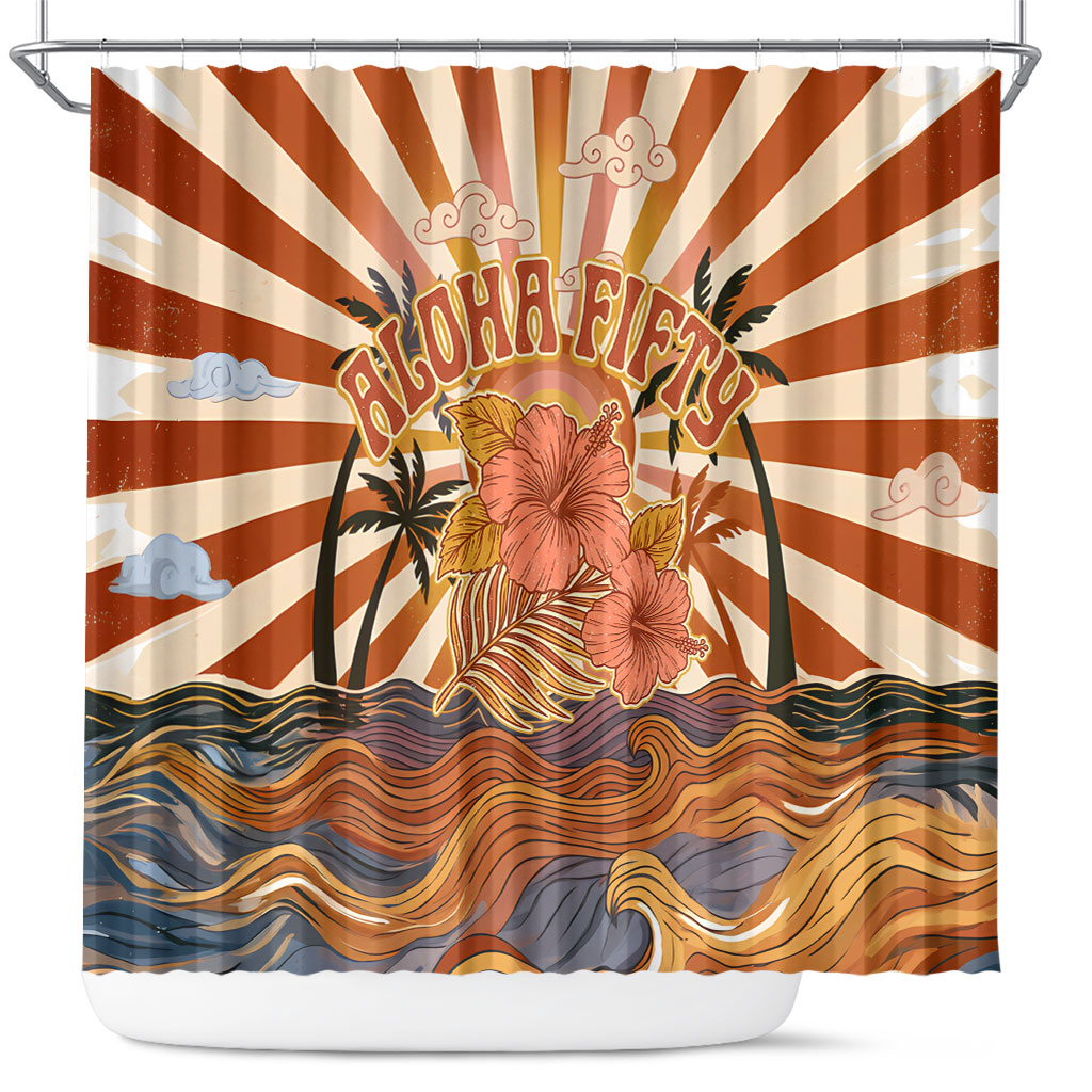 Aloha Nifty 50th Birthday Hawaii Shower Curtain Vintage Retro Sunburst Tropical Palm Tree Surfboard Art TS04 Orange Beige - Polynesian Pride