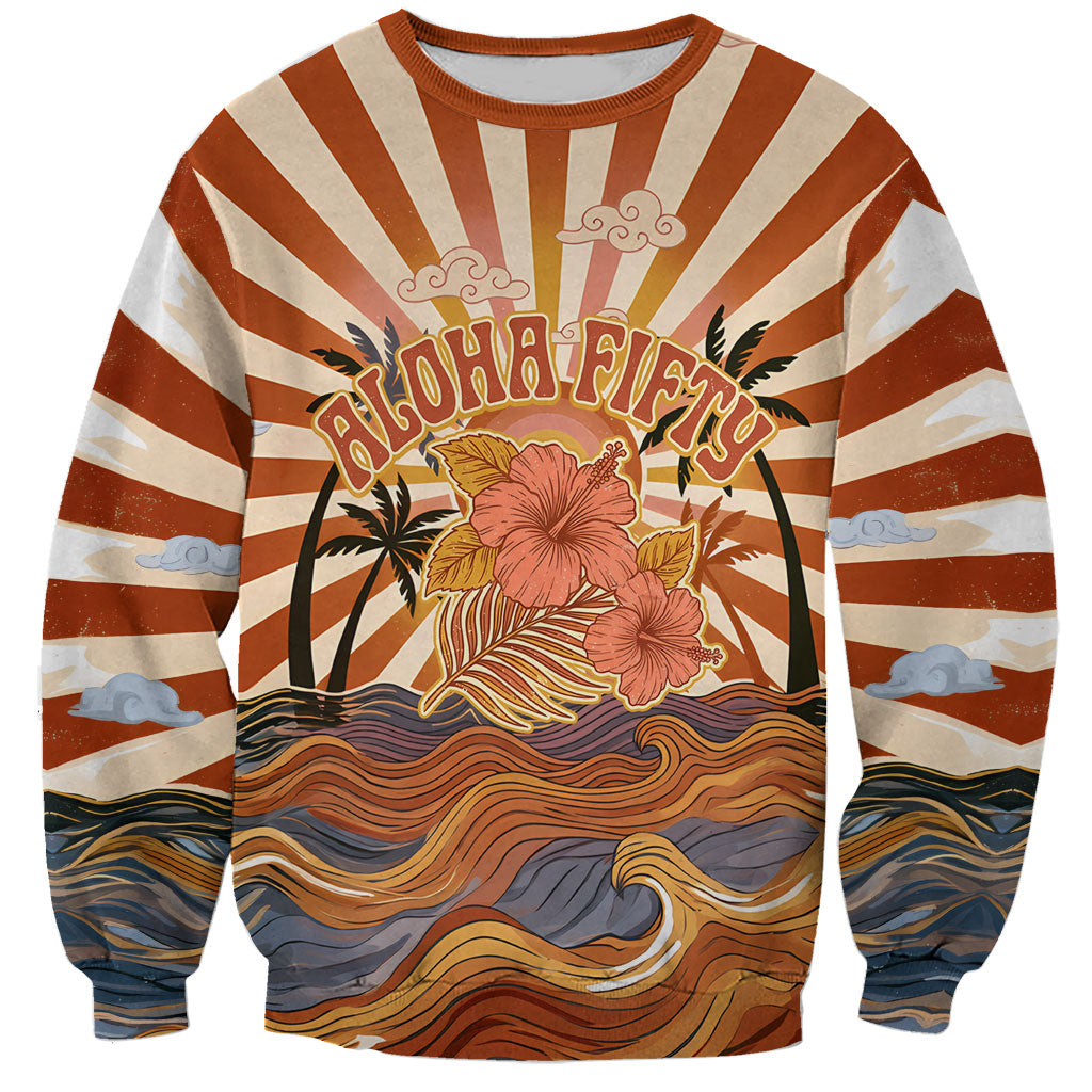 Aloha Nifty 50th Birthday Hawaii Sweatshirt Vintage Retro Sunburst Tropical Palm Tree Surfboard Art TS04 Unisex Orange Beige - Polynesian Pride