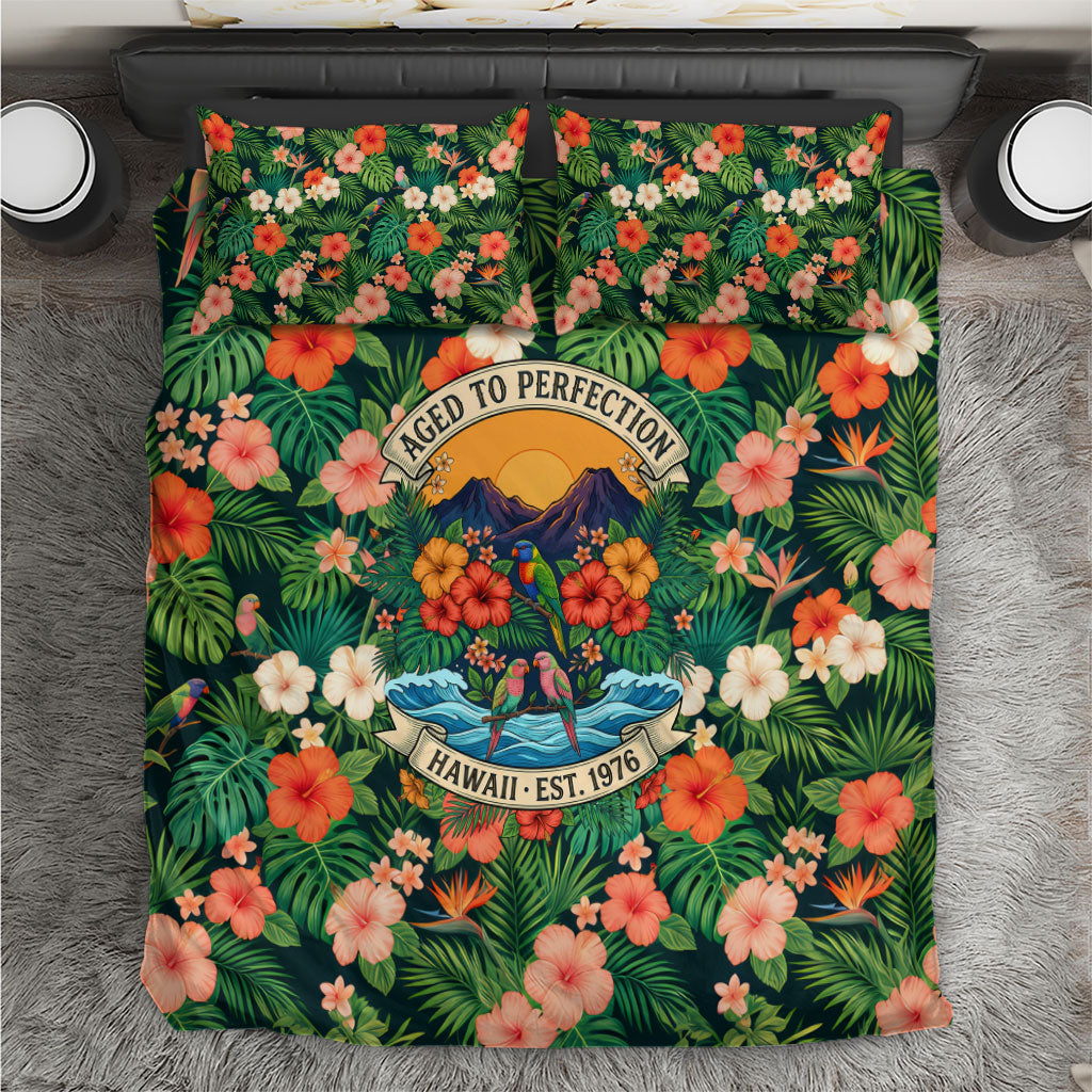 Hawaii 50th Birthday Bedding Set Tropical Vintage Floral Hibiscus Parrot Island Sunset Art TS04 Green Pink - Polynesian Pride