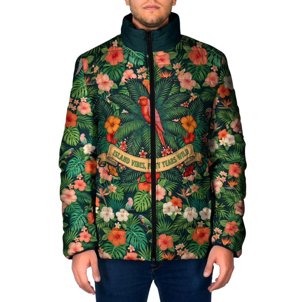 Hawaii 50th Birthday Padded Jacket Tropical Vintage Floral Hibiscus Parrot Island Sunset Art