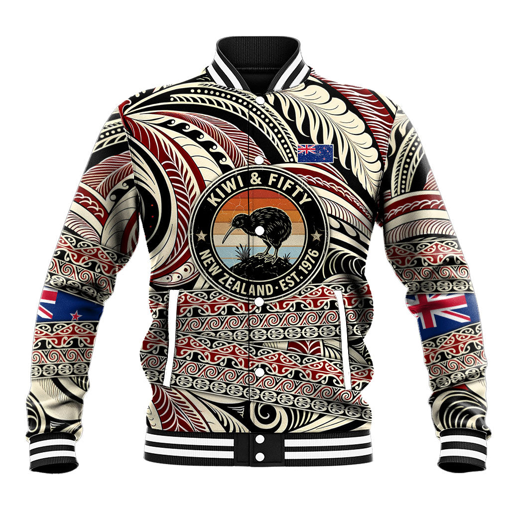 New Zealand 50th Birthday Kiwi Baseball Jacket Vintage Est 1976 Kiwi Sunset Maori TS04 Unisex Red Beige - Polynesian Pride