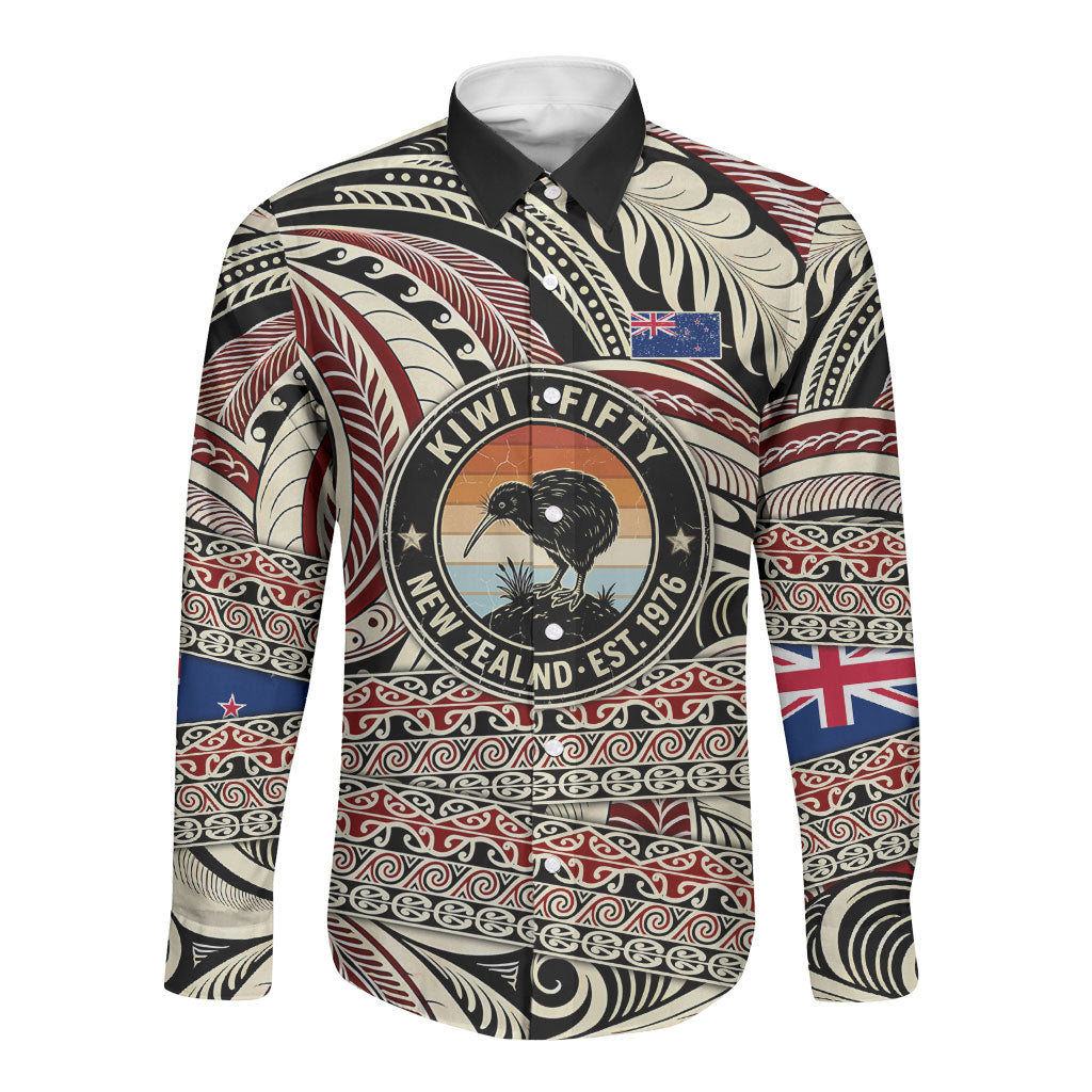 New Zealand 50th Birthday Kiwi Long Sleeve Button Shirt Vintage Est 1976 Kiwi Sunset Maori TS04 Unisex Red Beige - Polynesian Pride