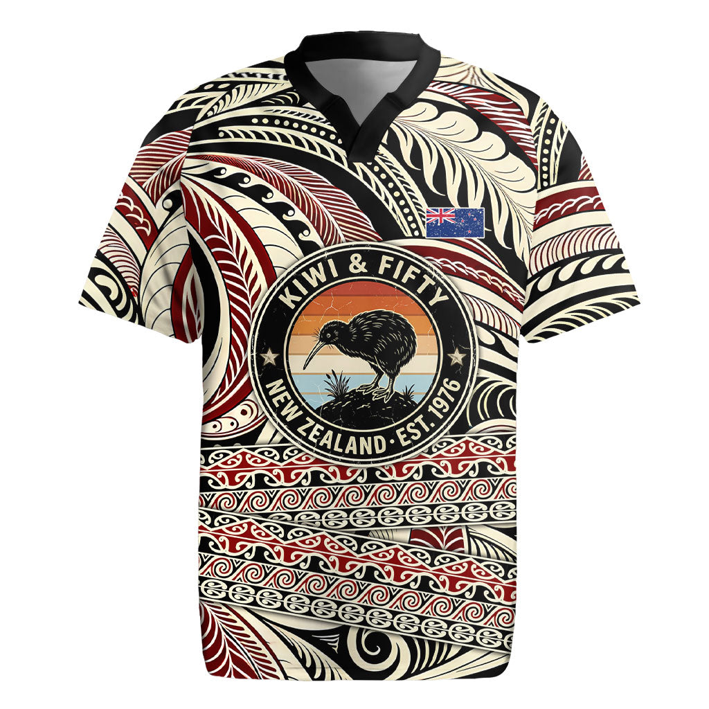 New Zealand 50th Birthday Kiwi Rugby Jersey Vintage Est 1976 Kiwi Sunset Maori TS04 Red Beige - Polynesian Pride