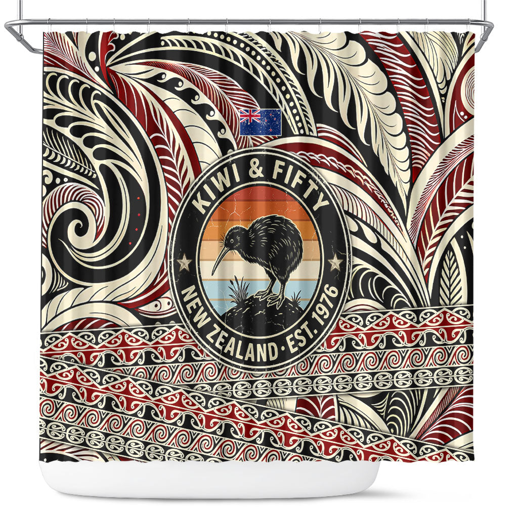 New Zealand 50th Birthday Kiwi Shower Curtain Vintage Est 1976 Kiwi Sunset Maori TS04 Red Beige - Polynesian Pride