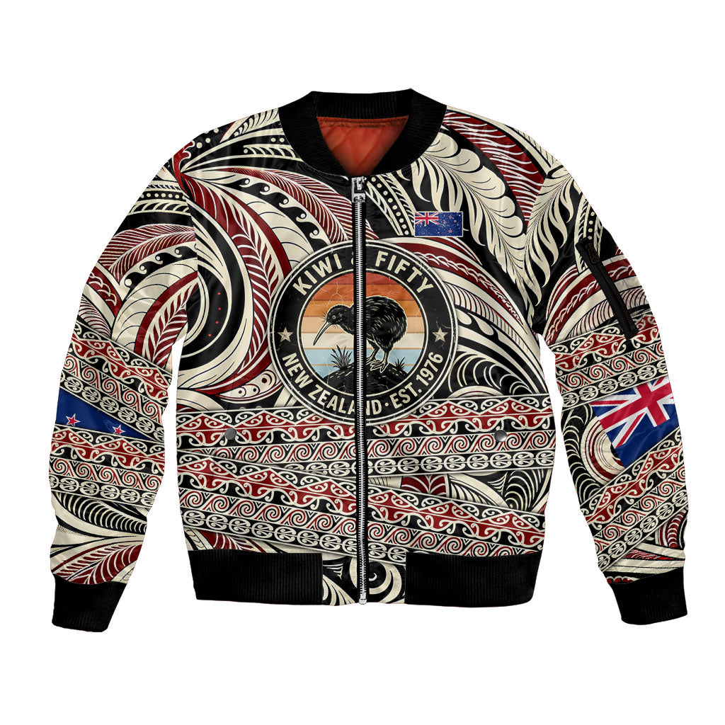 New Zealand 50th Birthday Kiwi Sleeve Zip Bomber Jacket Vintage Est 1976 Kiwi Sunset Maori TS04 Unisex Red Beige - Polynesian Pride