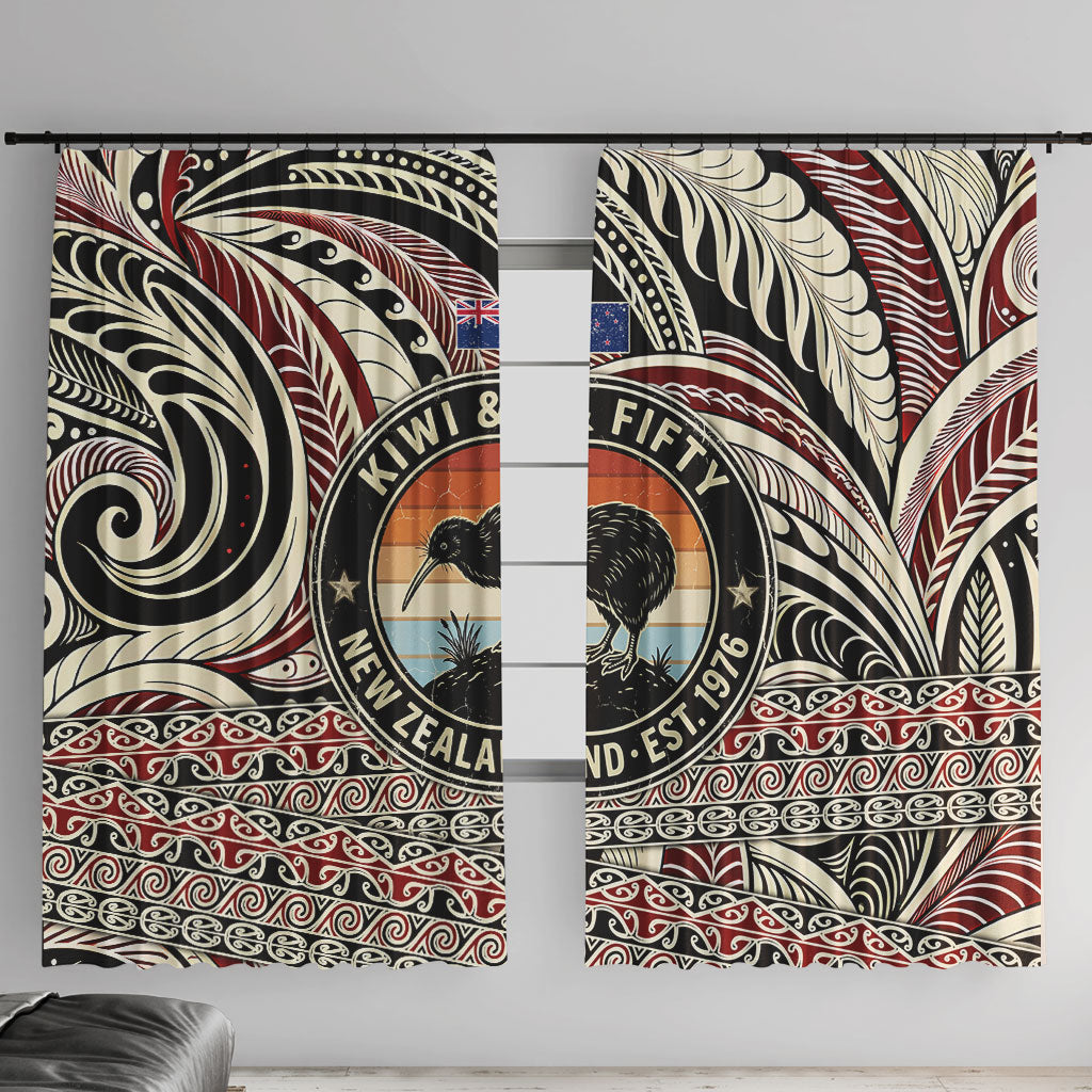 New Zealand 50th Birthday Kiwi Window Curtain Vintage Est 1976 Kiwi Sunset Maori TS04 With Hooks Red Beige - Polynesian Pride