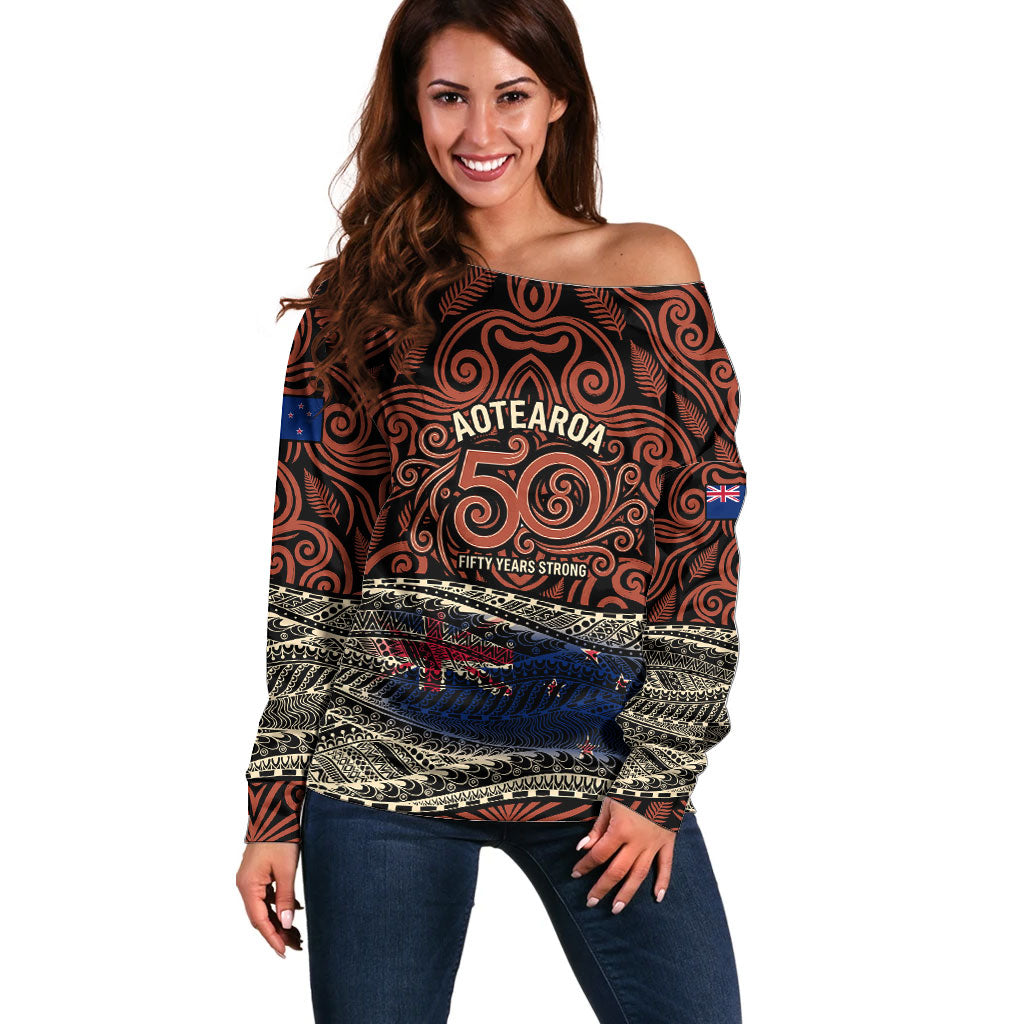 Personalised New Zealand 50th Birthday Off Shoulder Sweater Aotearoa Tribal Pattern Silver Fern Flag TS04 Women Red Black - Polynesian Pride