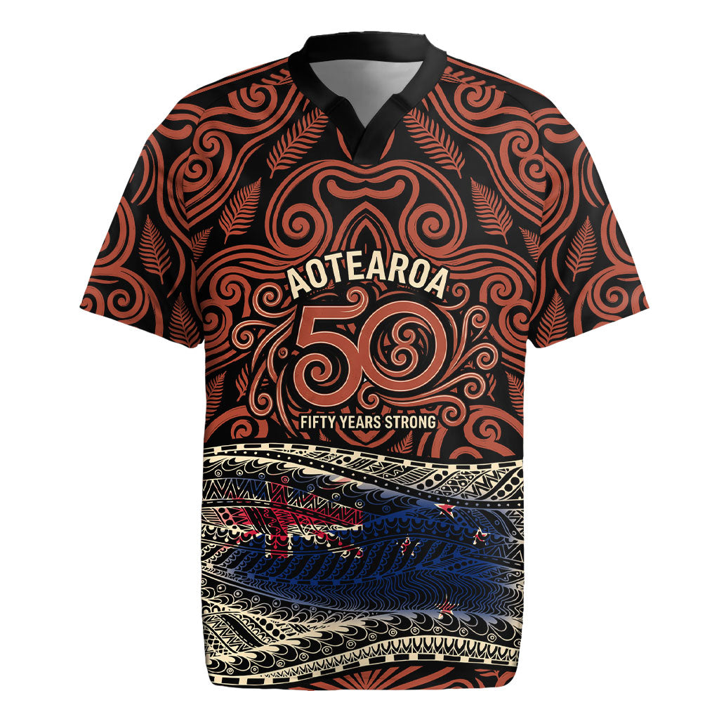 Personalised New Zealand 50th Birthday Rugby Jersey Aotearoa Tribal Pattern Silver Fern Flag TS04 Red Black - Polynesian Pride