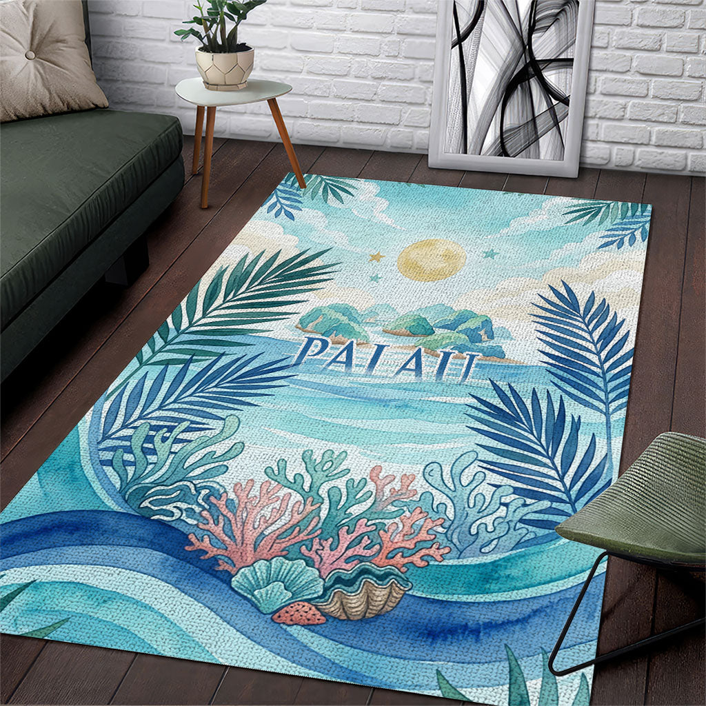 Palau Islands Of Wonder Natural Nature Area Rug Watercolor Tropical Beach Waterfall Coral Reef Palm Leaves TS04 Blue Green - Polynesian Pride