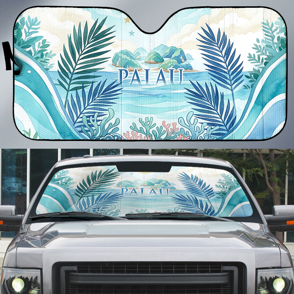 Palau Islands Of Wonder Natural Nature Auto Sun Shade Watercolor Tropical Beach Waterfall Coral Reef Palm Leaves