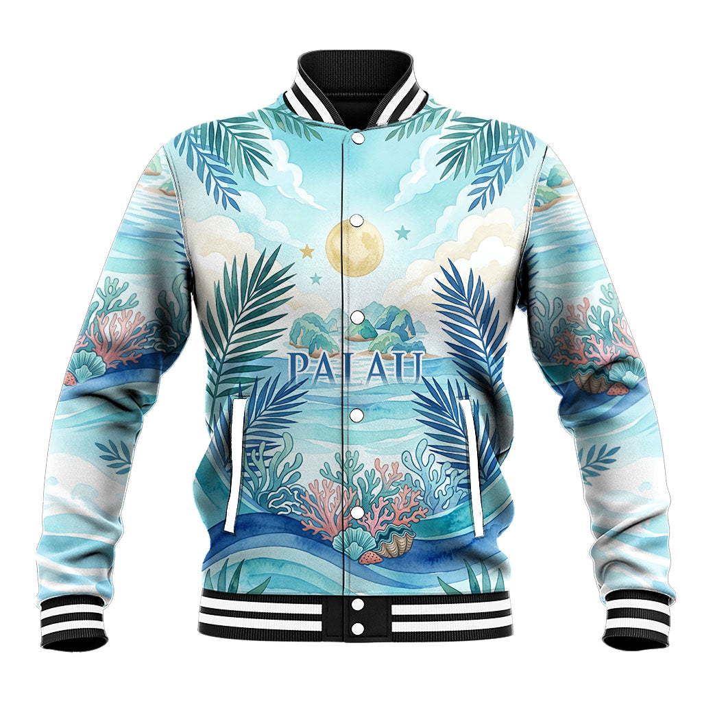Palau Islands Of Wonder Natural Nature Baseball Jacket Watercolor Tropical Beach Waterfall Coral Reef Palm Leaves