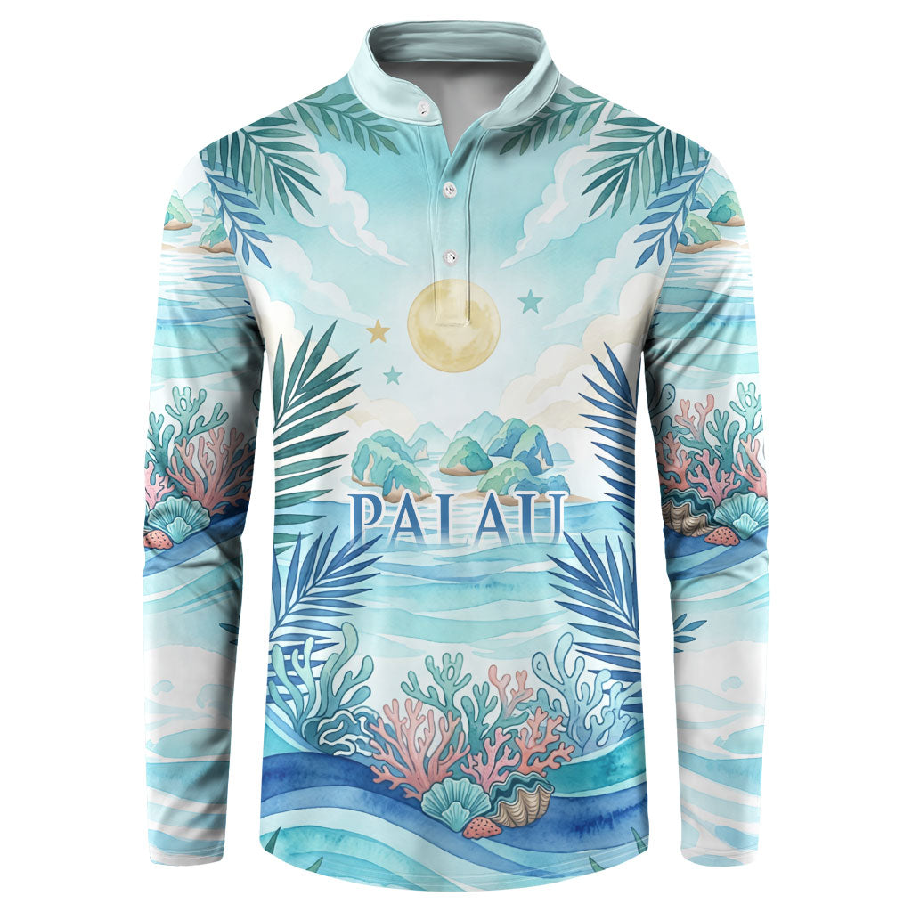 Palau Islands Of Wonder Natural Nature Button Sweatshirt Watercolor Tropical Beach Waterfall Coral Reef Palm Leaves TS04 Blue Green - Polynesian Pride