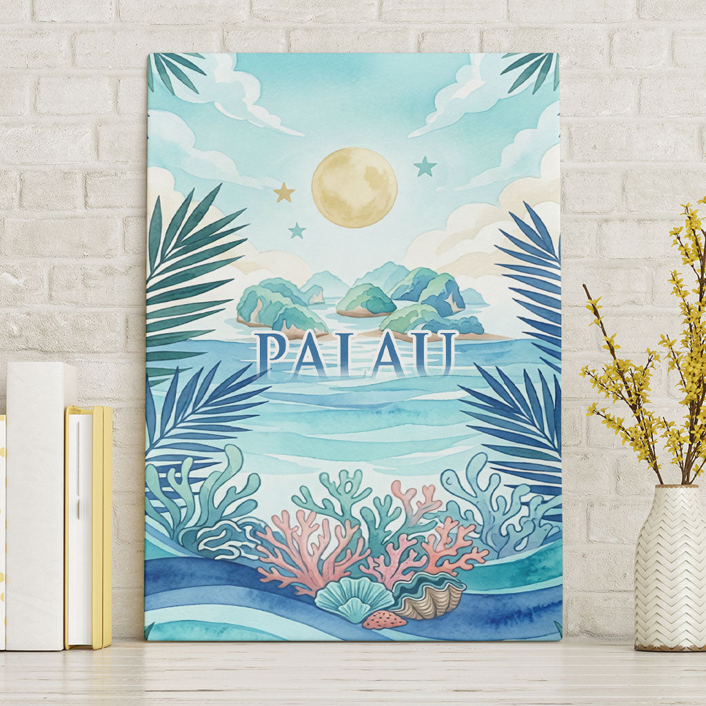 Palau Islands Of Wonder Natural Nature Canvas Wall Art Watercolor Tropical Beach Waterfall Coral Reef Palm Leaves TS04 Without Frame Blue Green - Polynesian Pride