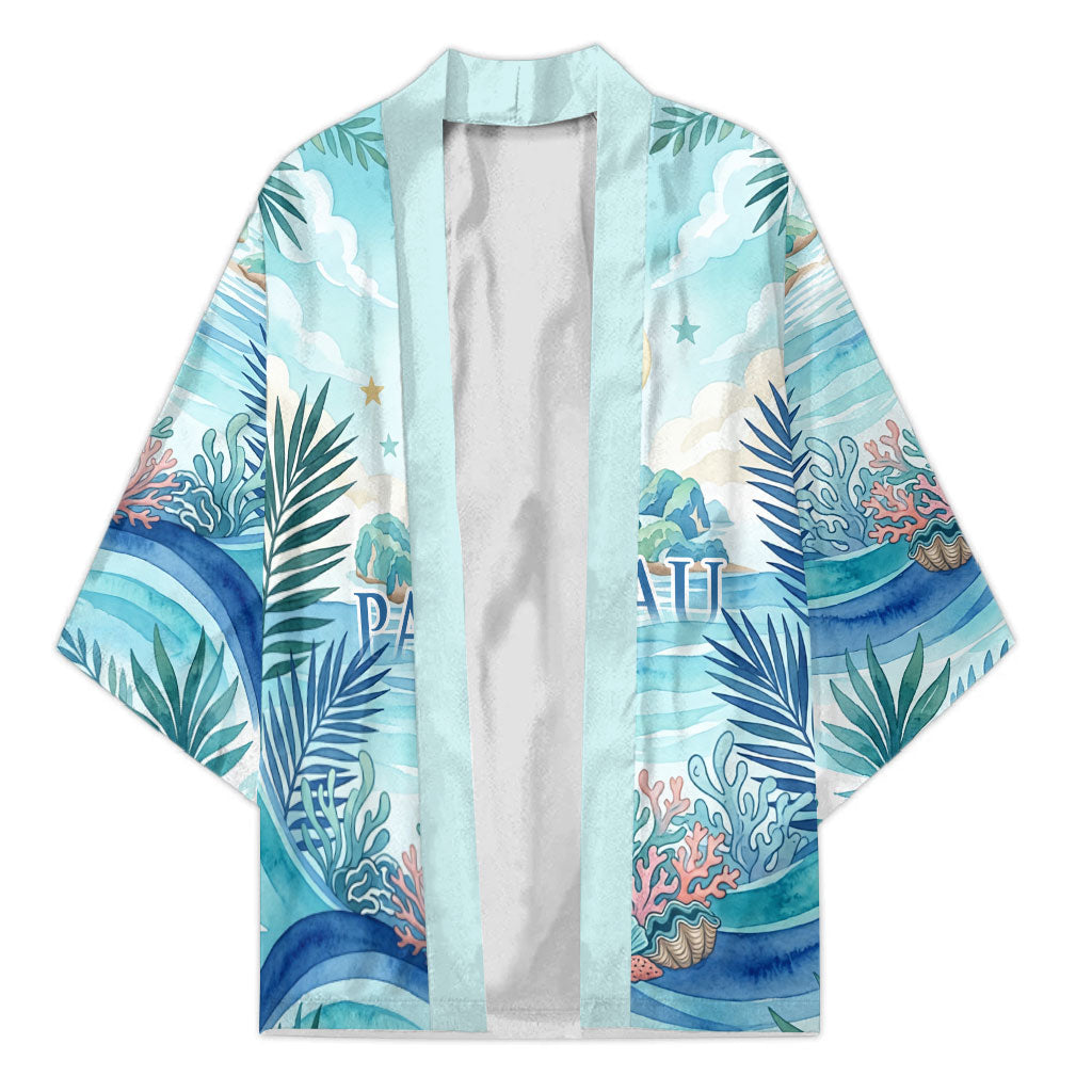 Palau Islands Of Wonder Natural Nature Kimono Watercolor Tropical Beach Waterfall Coral Reef Palm Leaves TS04 Unisex Blue Green - Polynesian Pride