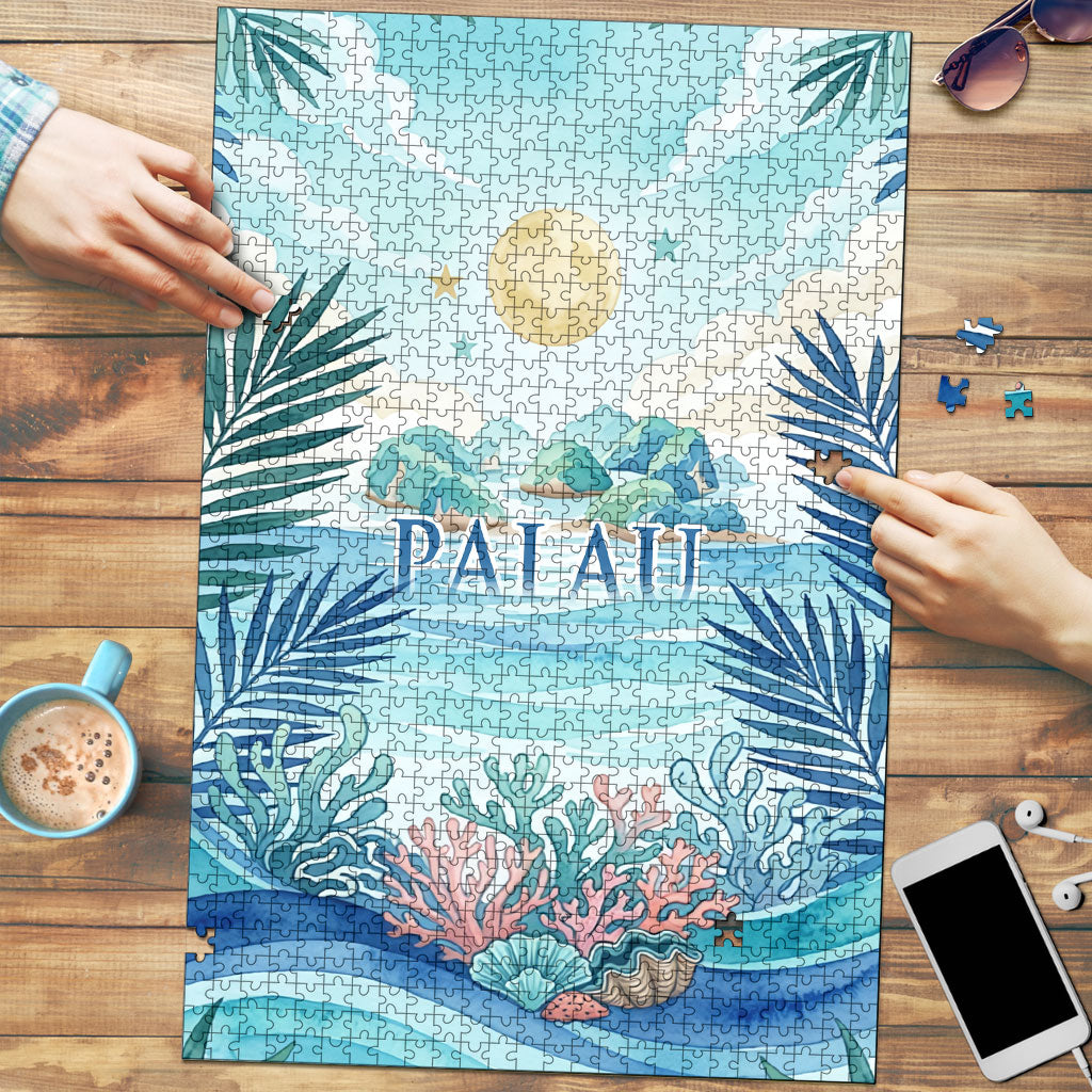 Palau Islands Of Wonder Natural Nature Puzzle Watercolor Tropical Beach Waterfall Coral Reef Palm Leaves TS04 Blue Green - Polynesian Pride