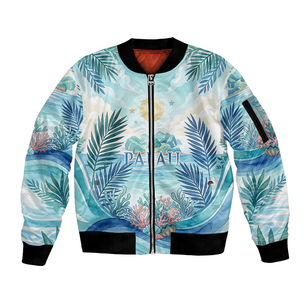 Palau Islands Of Wonder Natural Nature Sleeve Zip Bomber Jacket Watercolor Tropical Beach Waterfall Coral Reef Palm Leaves TS04 Unisex Blue Green - Polynesian Pride