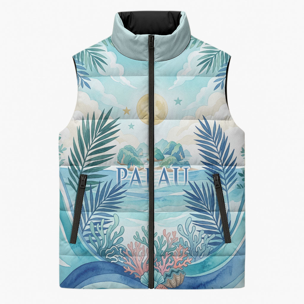 Palau Islands Of Wonder Natural Nature Sleeveless Puffer Jacket Watercolor Tropical Beach Waterfall Coral Reef Palm Leaves TS04 Unisex Blue Green - Polynesian Pride