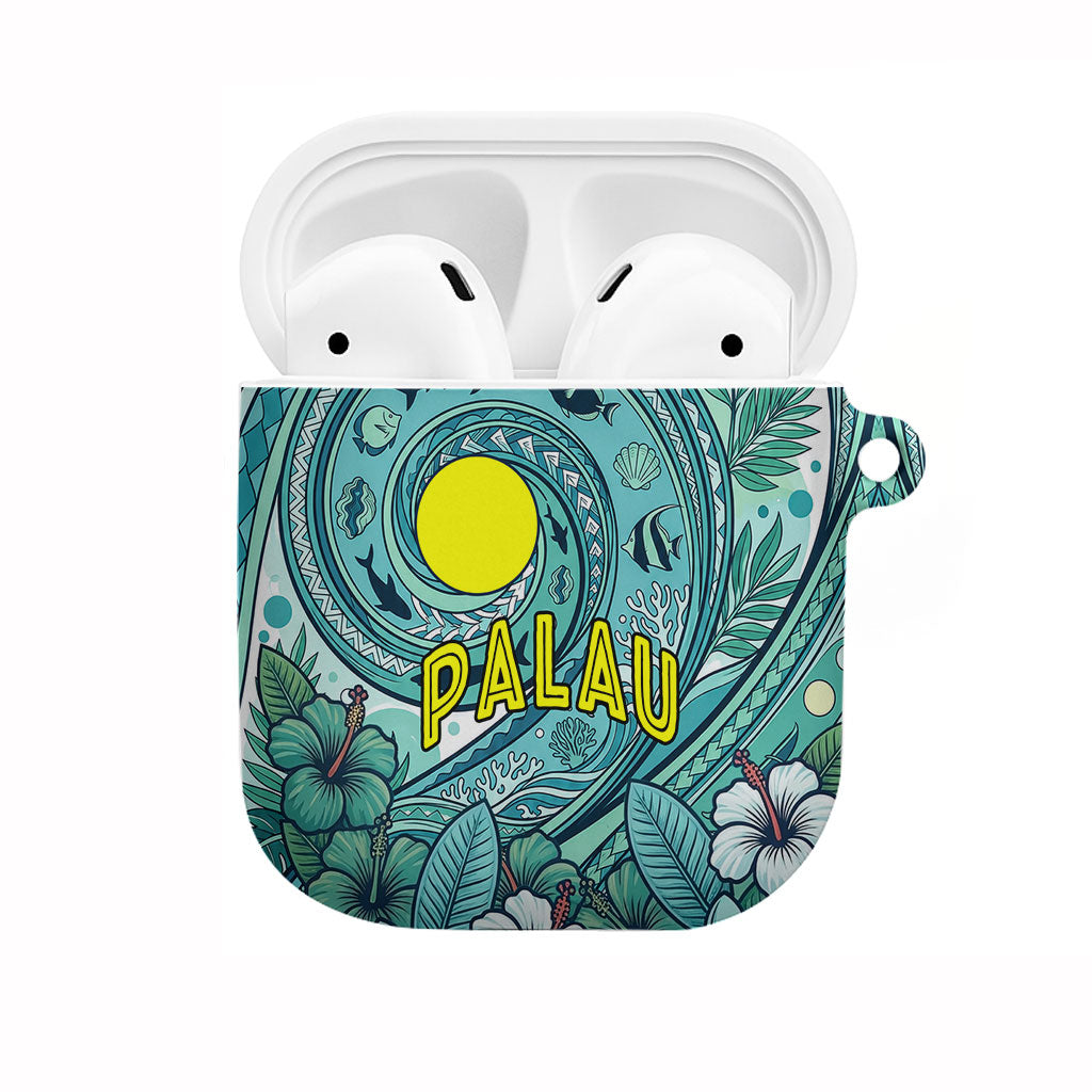 Palau Official Seal Flag AirPods Case Tribal Pattern Ocean Marine Life Tropical Hibiscus TS04 Blue Green - Polynesian Pride