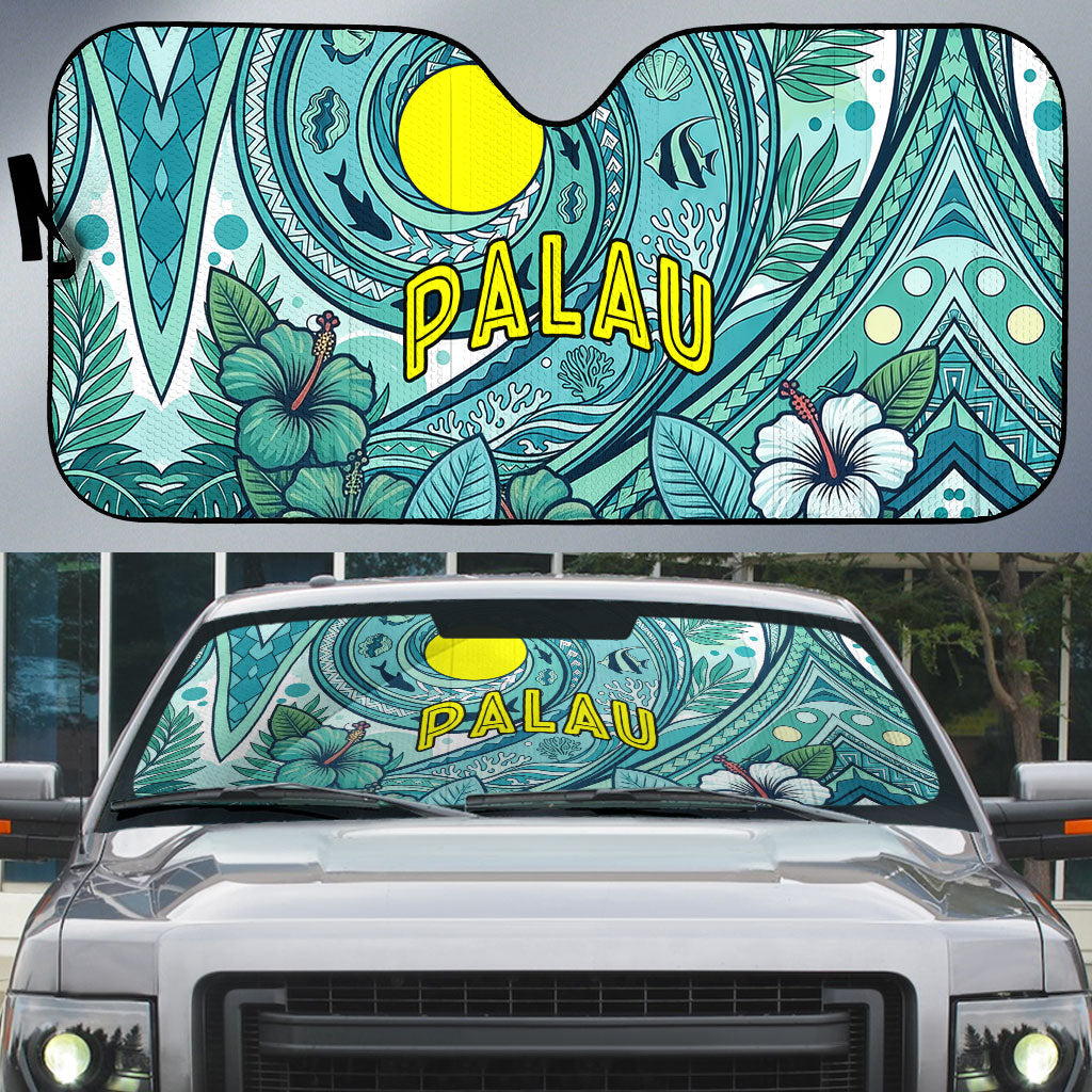 Palau Official Seal Flag Auto Sun Shade Tribal Pattern Ocean Marine Life Tropical Hibiscus