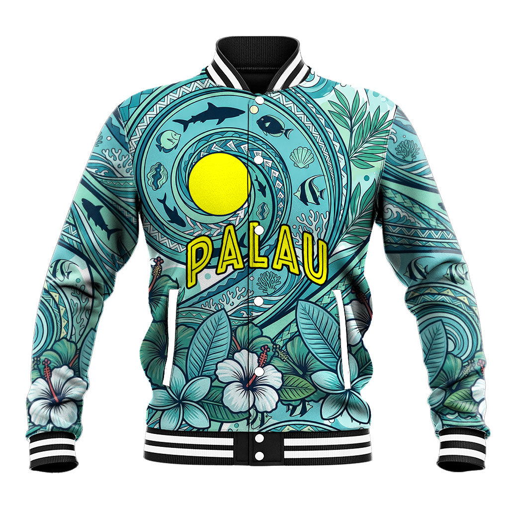 Palau Official Seal Flag Baseball Jacket Tribal Pattern Ocean Marine Life Tropical Hibiscus