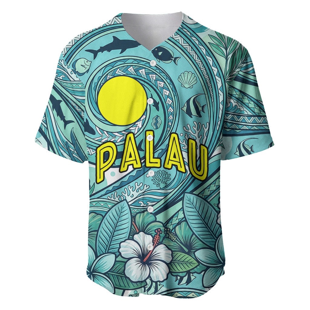 Palau Official Seal Flag Baseball Jersey Tribal Pattern Ocean Marine Life Tropical Hibiscus TS04 Blue Green - Polynesian Pride