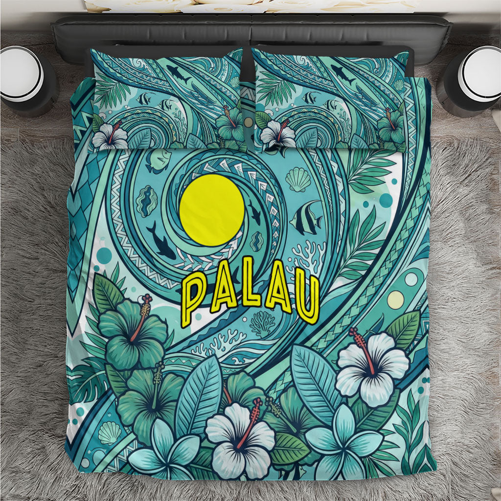 Palau Official Seal Flag Bedding Set Tribal Pattern Ocean Marine Life Tropical Hibiscus TS04 Blue Green - Polynesian Pride