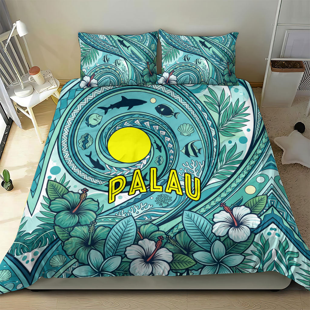 Palau Official Seal Flag Bedding Set Tribal Pattern Ocean Marine Life Tropical Hibiscus TS04 - Polynesian Pride