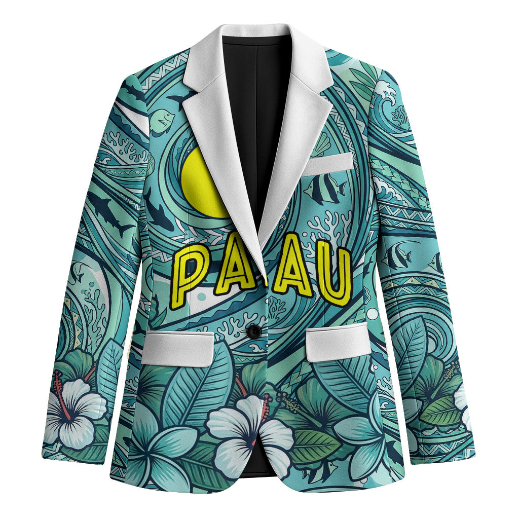Palau Official Seal Flag Blazer Tribal Pattern Ocean Marine Life Tropical Hibiscus TS04 Unisex Blue Green - Polynesian Pride