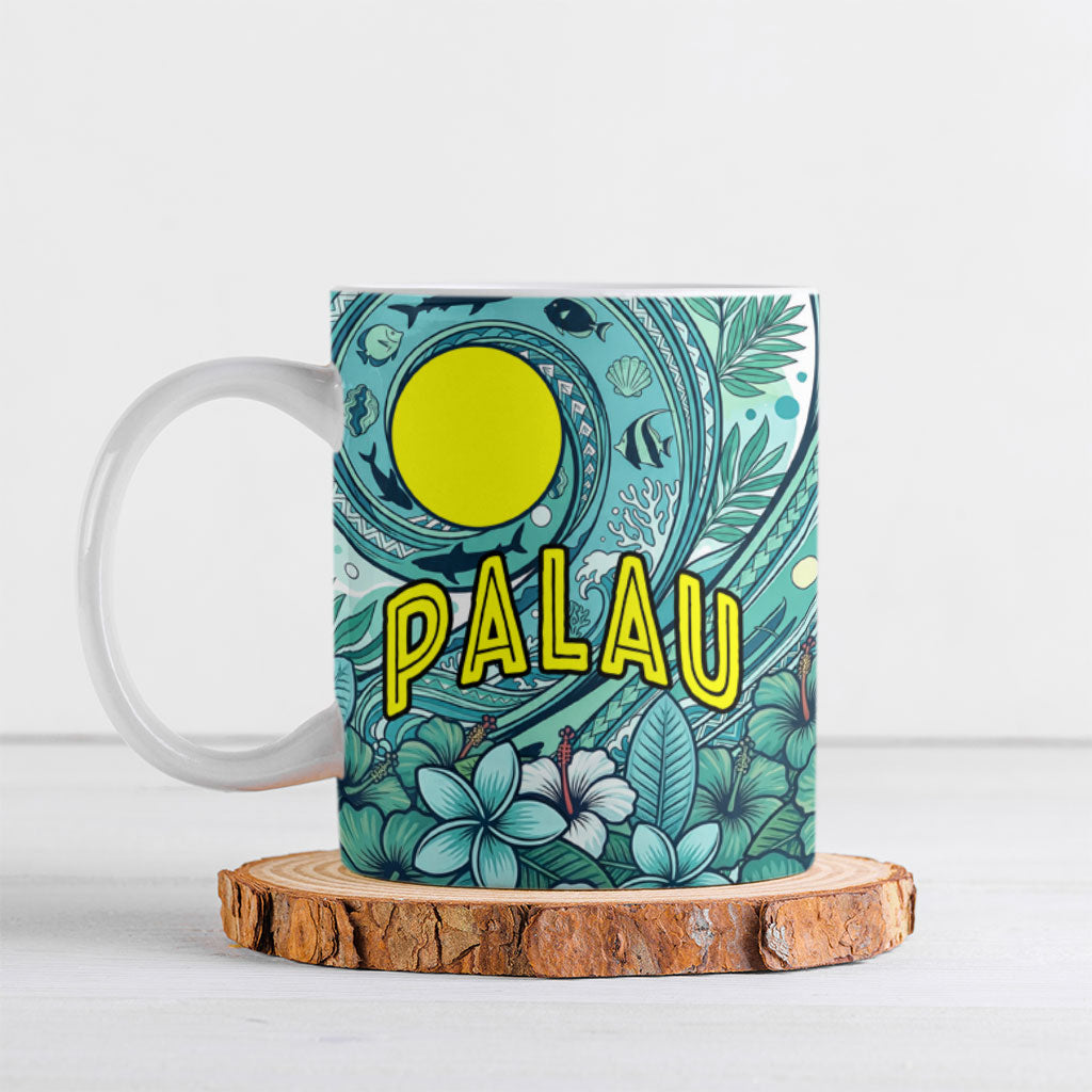 Palau Official Seal Flag Ceramic Mug Tribal Pattern Ocean Marine Life Tropical Hibiscus TS04 Blue Green - Polynesian Pride