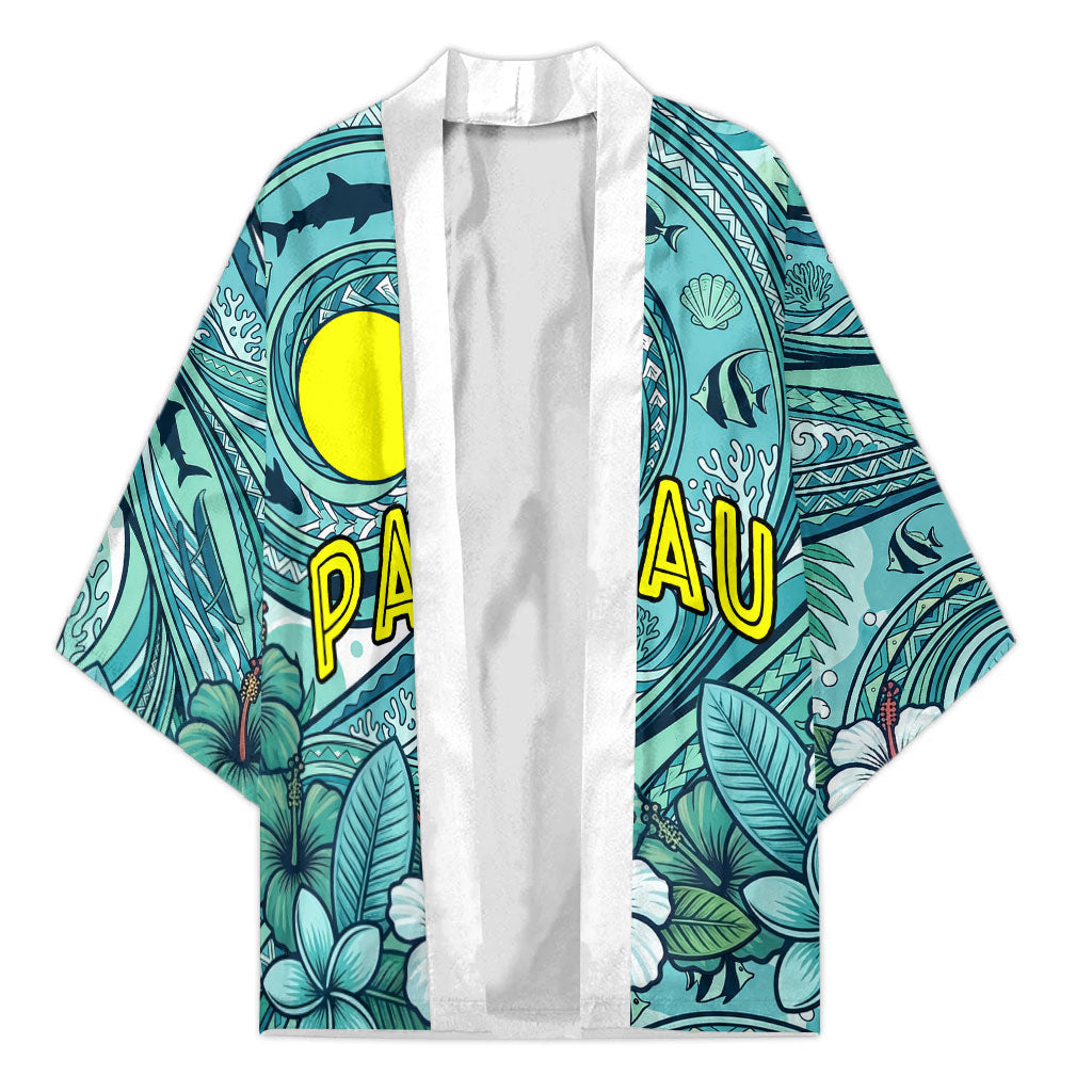 Palau Official Seal Flag Kimono Tribal Pattern Ocean Marine Life Tropical Hibiscus TS04 Unisex Blue Green - Polynesian Pride