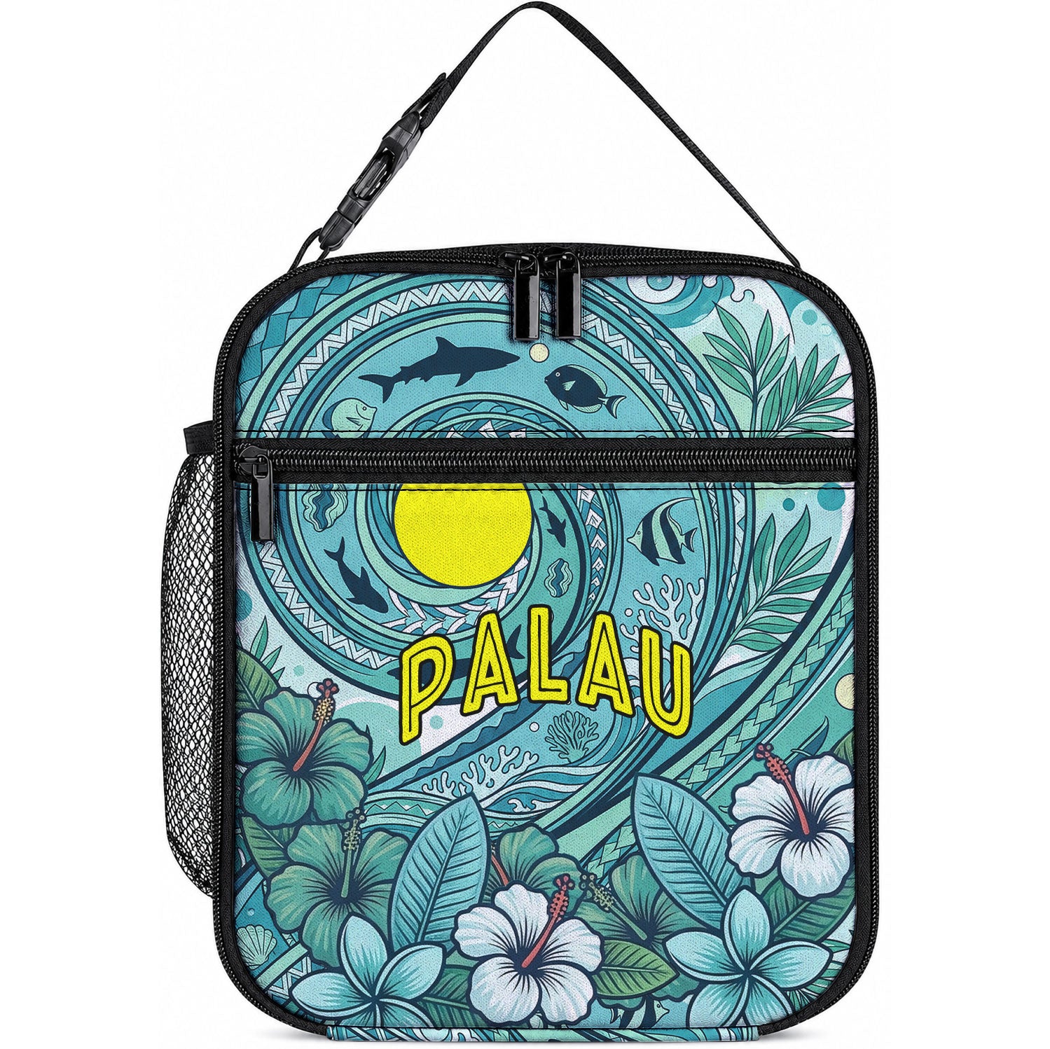 Palau Official Seal Flag Lunch Bag Tribal Pattern Ocean Marine Life Tropical Hibiscus TS04 10.2 × 8.3 × 4.3 inch Blue Green - Polynesian Pride