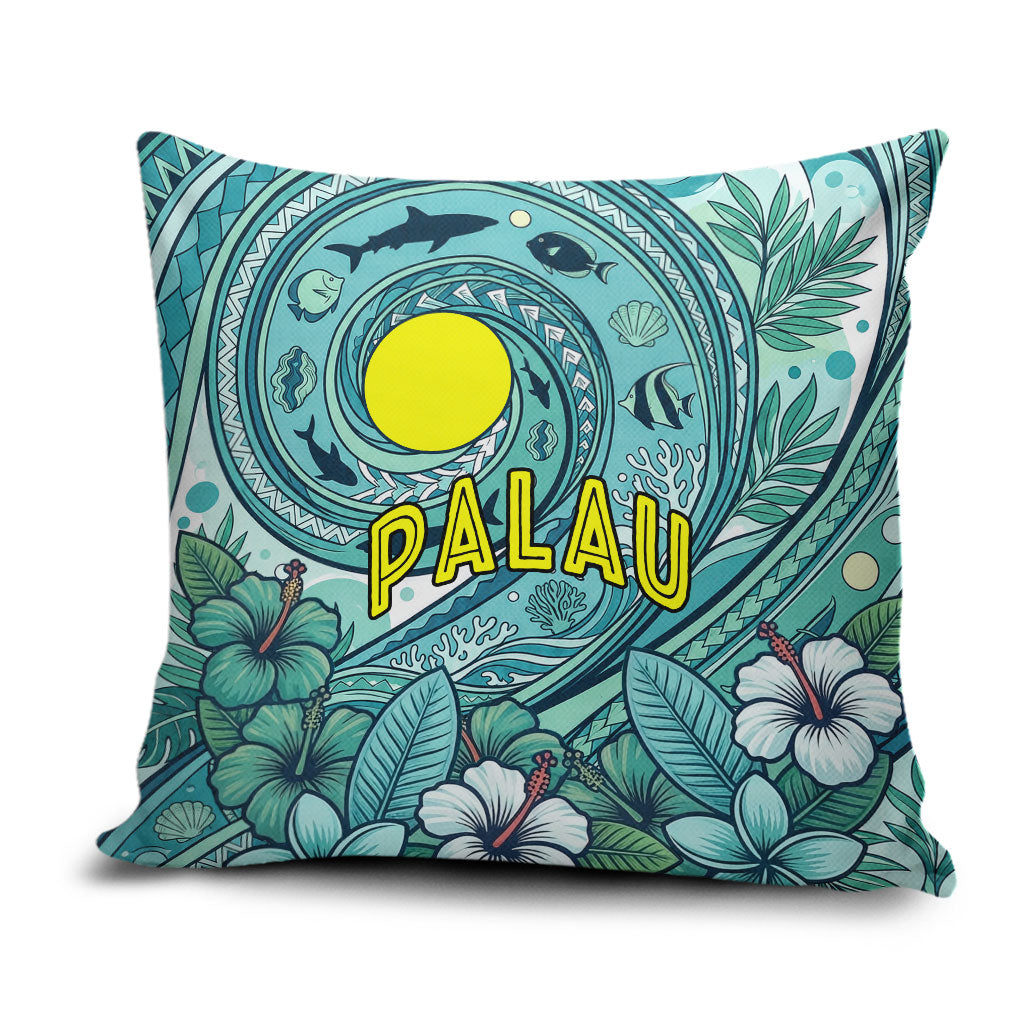 Palau Official Seal Flag Pillow Cover Tribal Pattern Ocean Marine Life Tropical Hibiscus TS04 Blue Green - Polynesian Pride