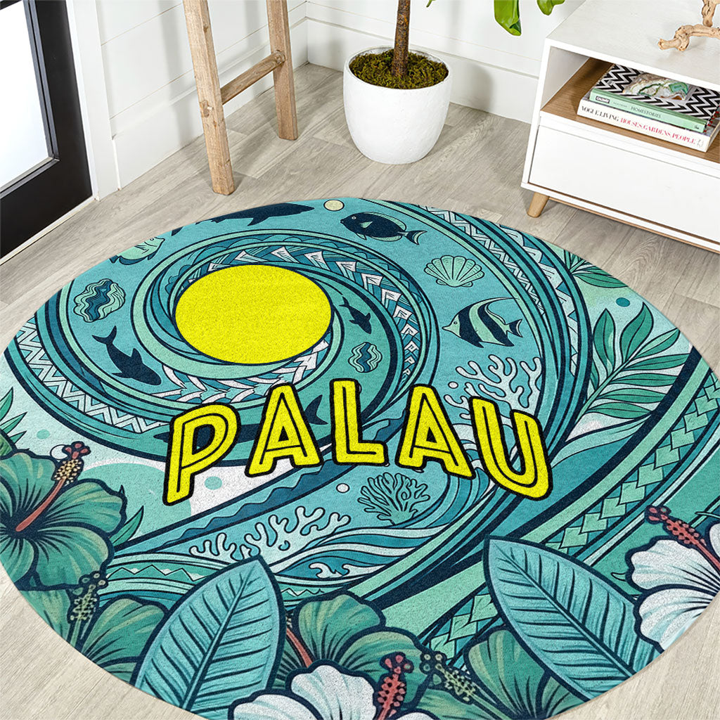 Palau Official Seal Flag Round Carpet Tribal Pattern Ocean Marine Life Tropical Hibiscus TS04 Blue Green - Polynesian Pride