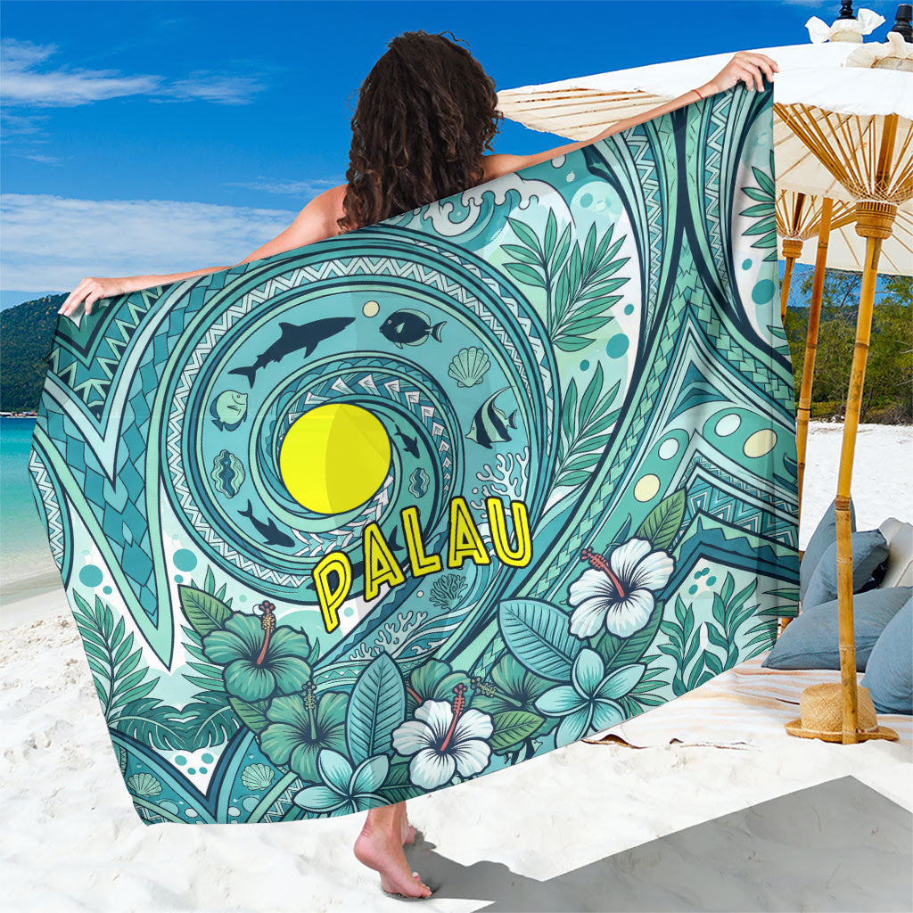 Palau Official Seal Flag Sarong Tribal Pattern Ocean Marine Life Tropical Hibiscus TS04 One Size 44 x 66 inches Blue Green - Polynesian Pride