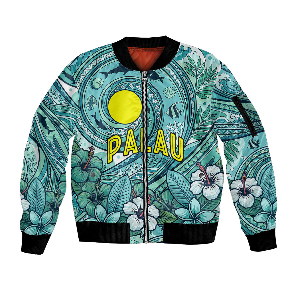 Palau Official Seal Flag Sleeve Zip Bomber Jacket Tribal Pattern Ocean Marine Life Tropical Hibiscus TS04 Unisex Blue Green - Polynesian Pride