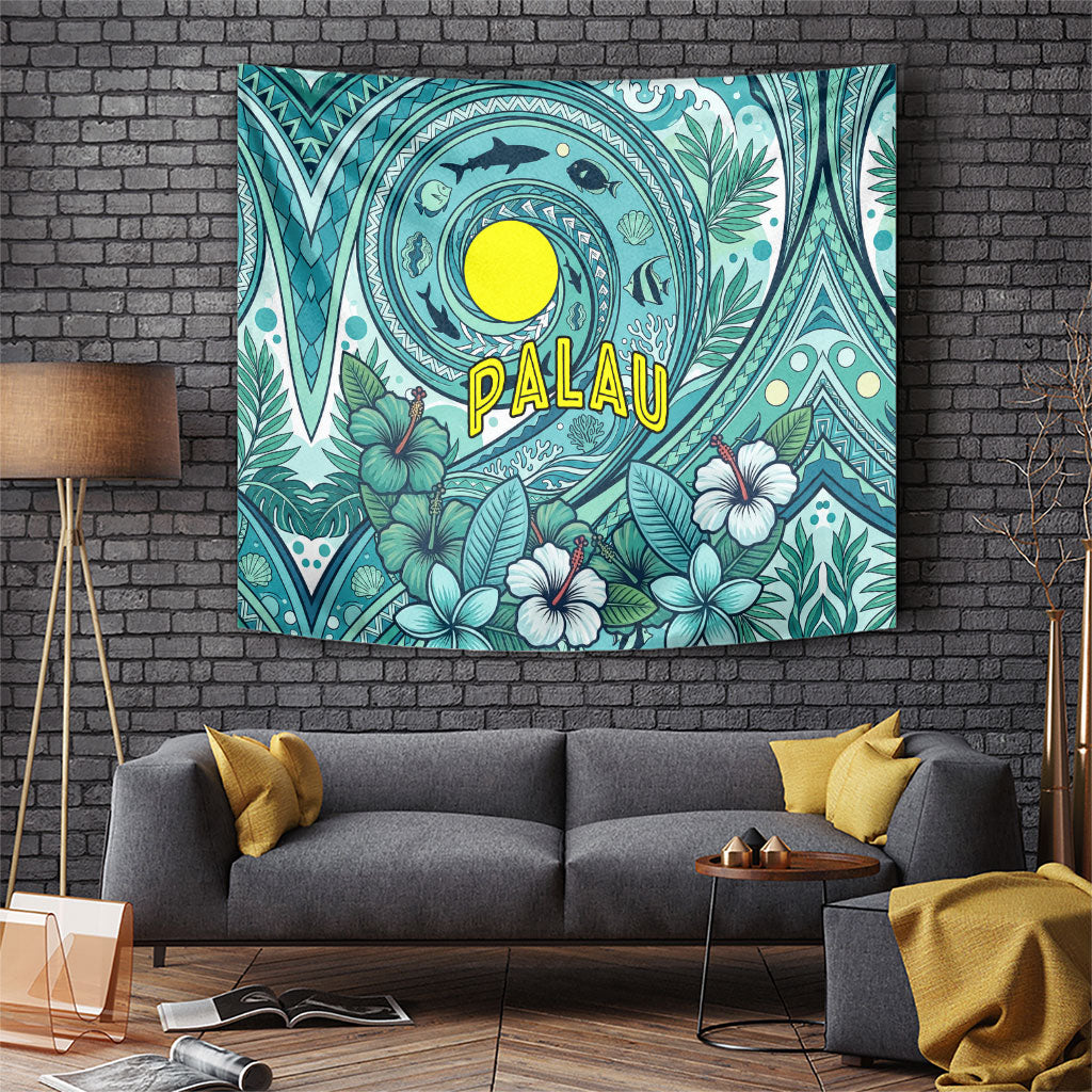 Palau Official Seal Flag Tapestry Tribal Pattern Ocean Marine Life Tropical Hibiscus TS04 Blue Green - Polynesian Pride