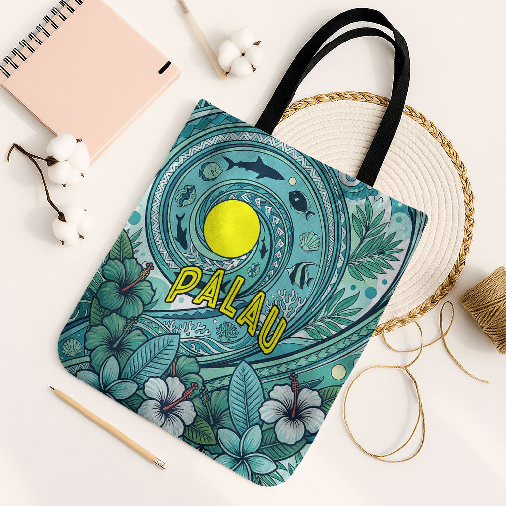Palau Official Seal Flag Tote Bag Tribal Pattern Ocean Marine Life Tropical Hibiscus TS04 Black Strap One Size Blue Green - Polynesian Pride