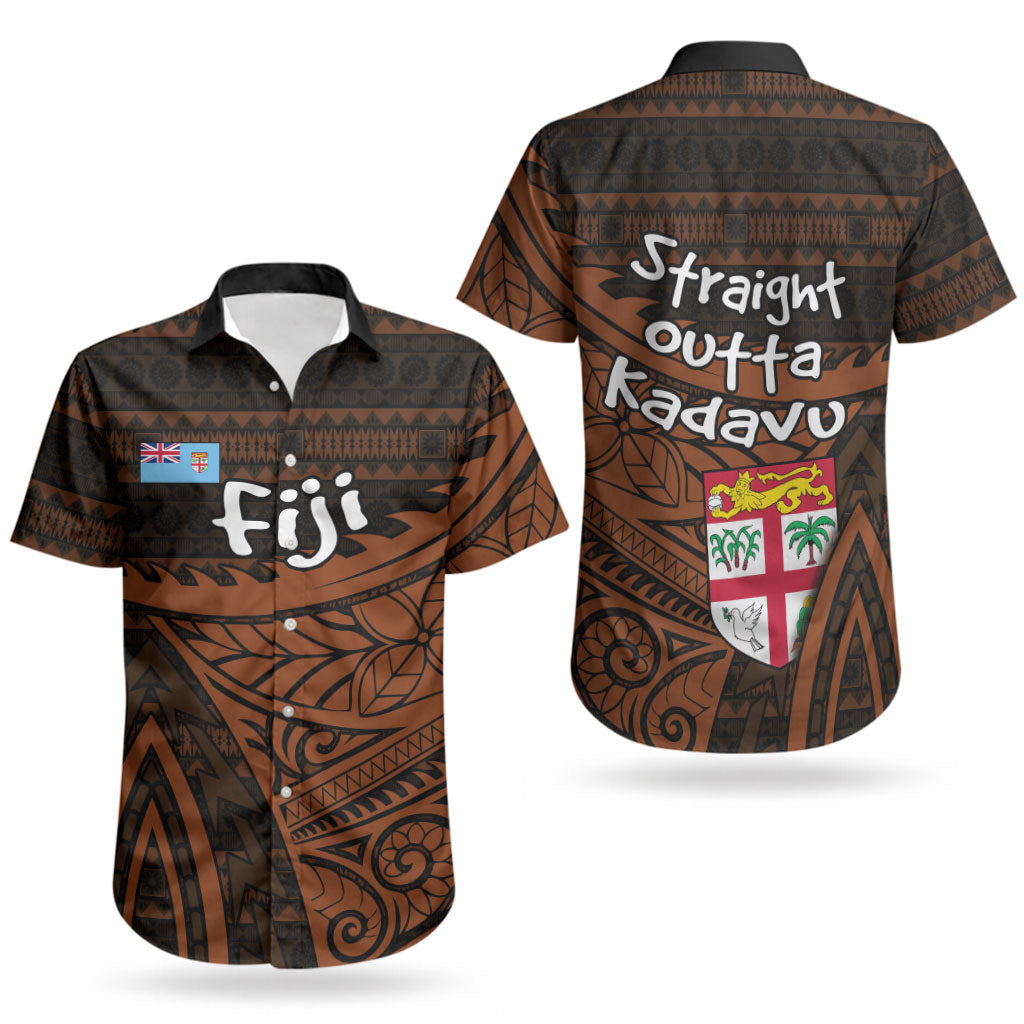 Straight Outta Kadavu Fiji Couples Matching Long Sleeve Bodycon Dress and Hawaiian Shirt Tribal Polynesian Tattoo Coat Of Arms Flag