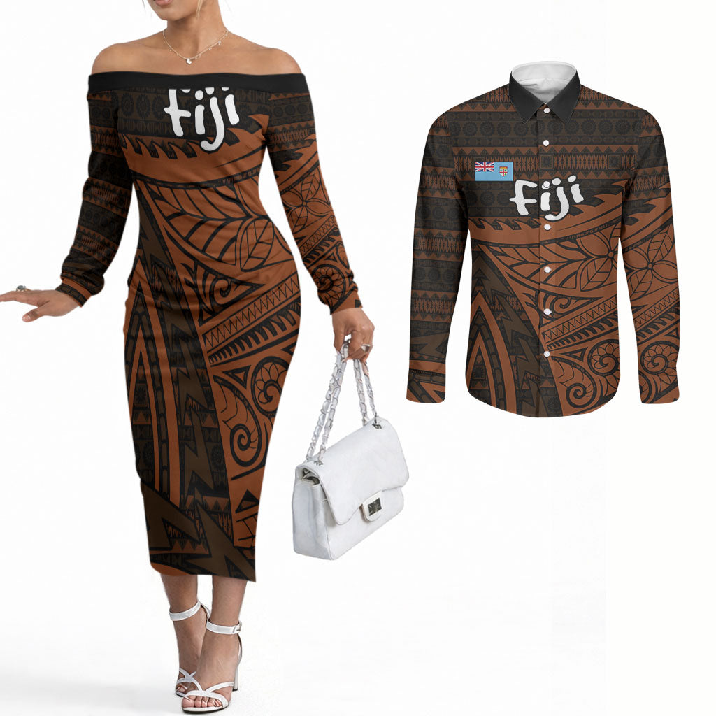 Straight Outta Kadavu Fiji Couples Matching Off The Shoulder Long Sleeve Dress and Long Sleeve Button Shirt Tribal Polynesian Tattoo Coat Of Arms Flag