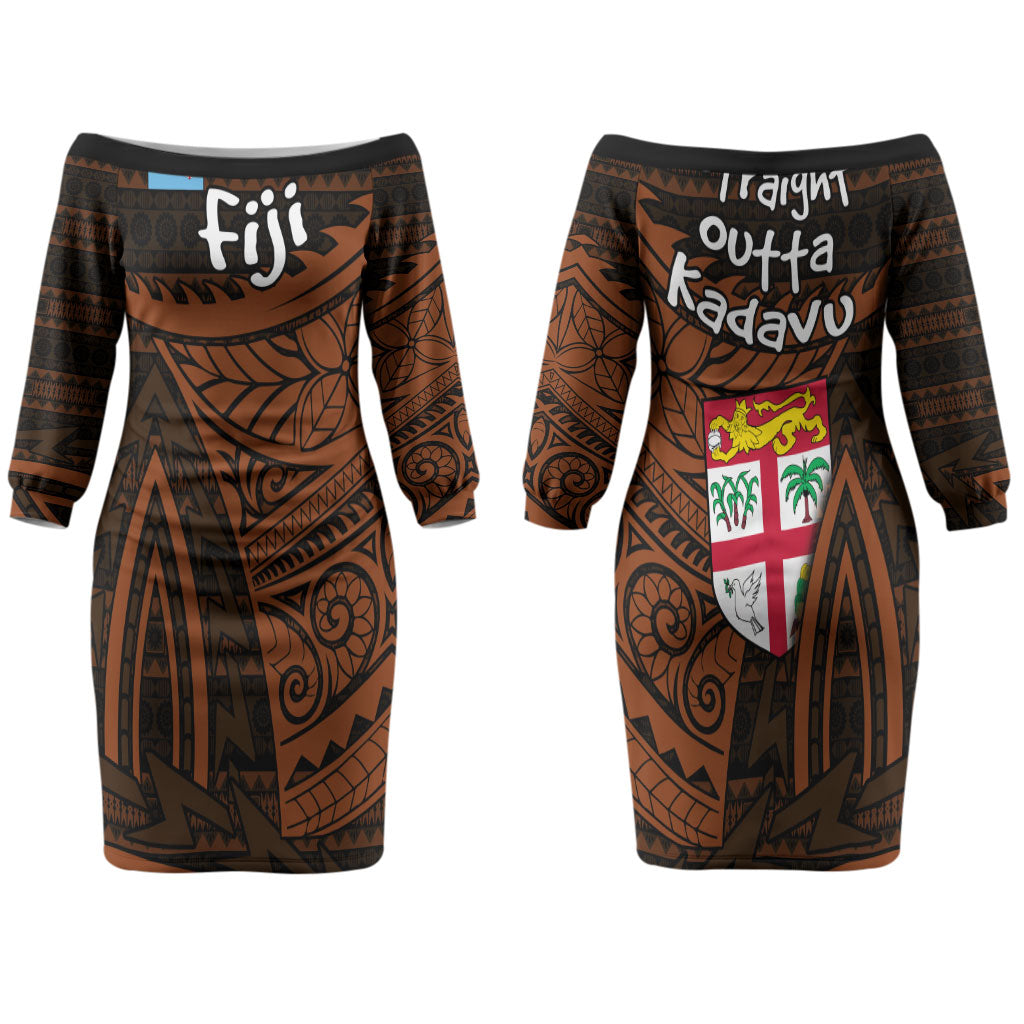 Straight Outta Kadavu Fiji Couples Matching Off The Shoulder Long Sleeve Dress and Long Sleeve Button Shirt Tribal Polynesian Tattoo Coat Of Arms Flag