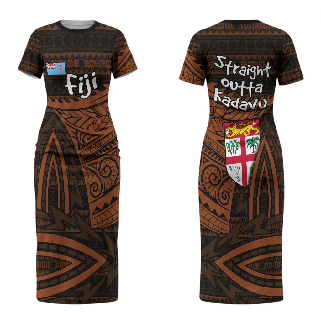 Straight Outta Kadavu Fiji Couples Matching Short Sleeve Bodycon Dress and Hawaiian Shirt Tribal Polynesian Tattoo Coat Of Arms Flag