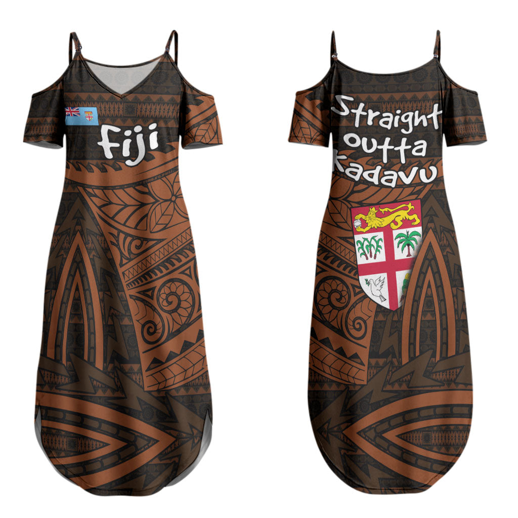 Straight Outta Kadavu Fiji Couples Matching Summer Maxi Dress and Hawaiian Shirt Tribal Polynesian Tattoo Coat Of Arms Flag