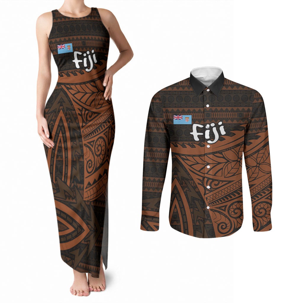 Straight Outta Kadavu Fiji Couples Matching Tank Maxi Dress and Long Sleeve Button Shirt Tribal Polynesian Tattoo Coat Of Arms Flag