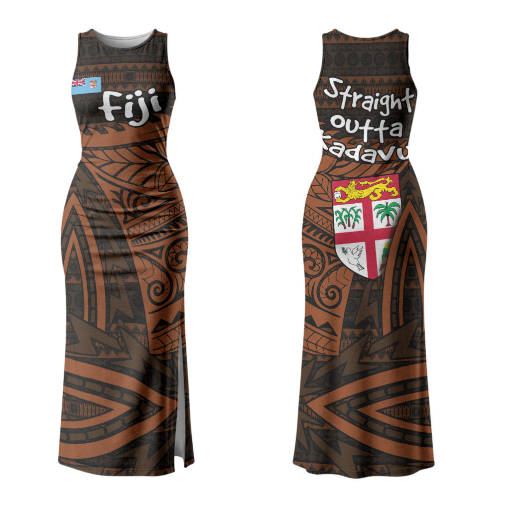 Straight Outta Kadavu Fiji Couples Matching Tank Maxi Dress and Long Sleeve Button Shirt Tribal Polynesian Tattoo Coat Of Arms Flag