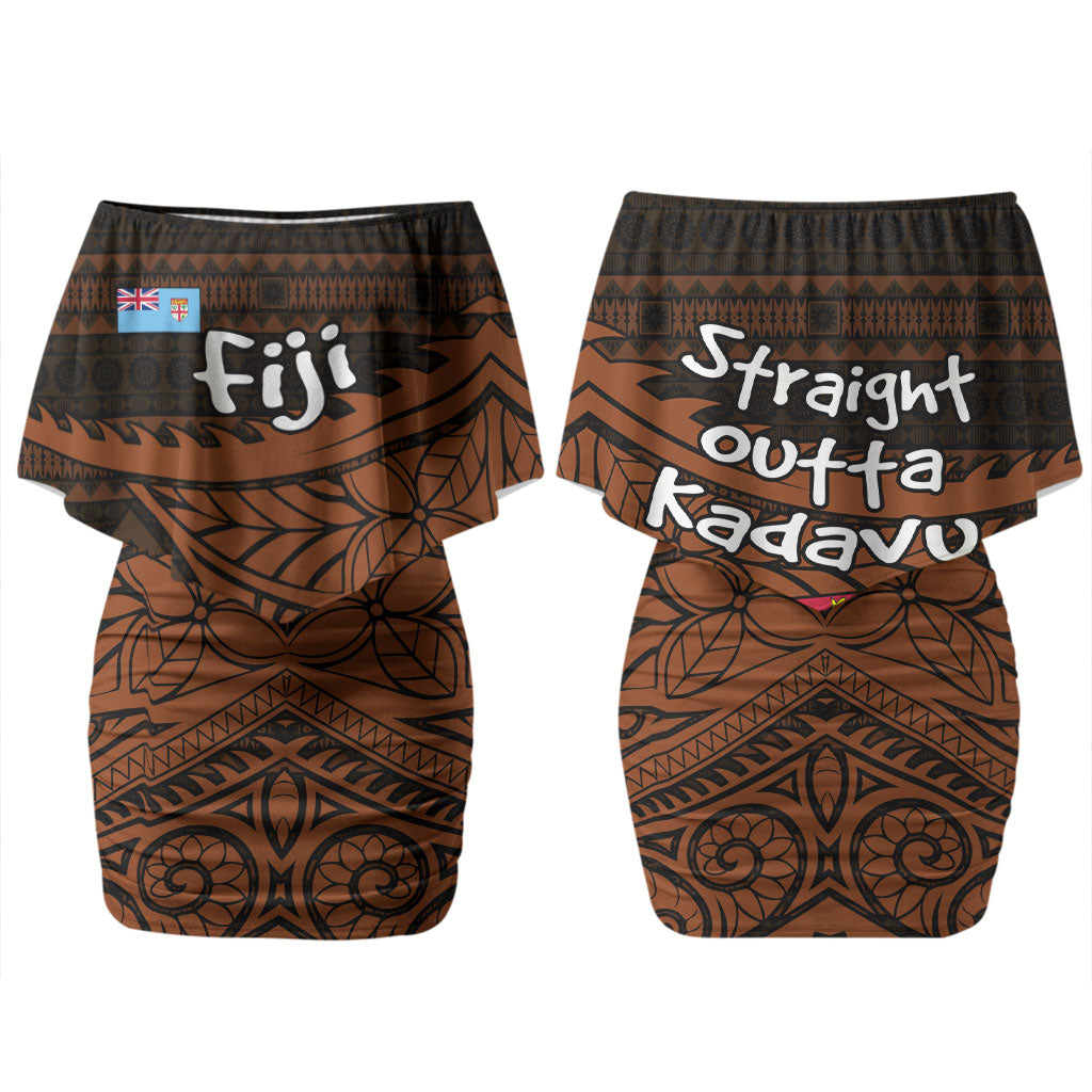 Straight Outta Kadavu Fiji Family Matching Off Shoulder Short Dress and Hawaiian Shirt Tribal Polynesian Tattoo Coat Of Arms Flag