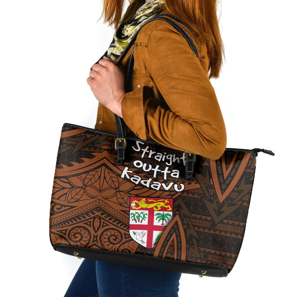 Straight Outta Kadavu Fiji Leather Tote Bag Tribal Polynesian Tattoo Coat Of Arms Flag