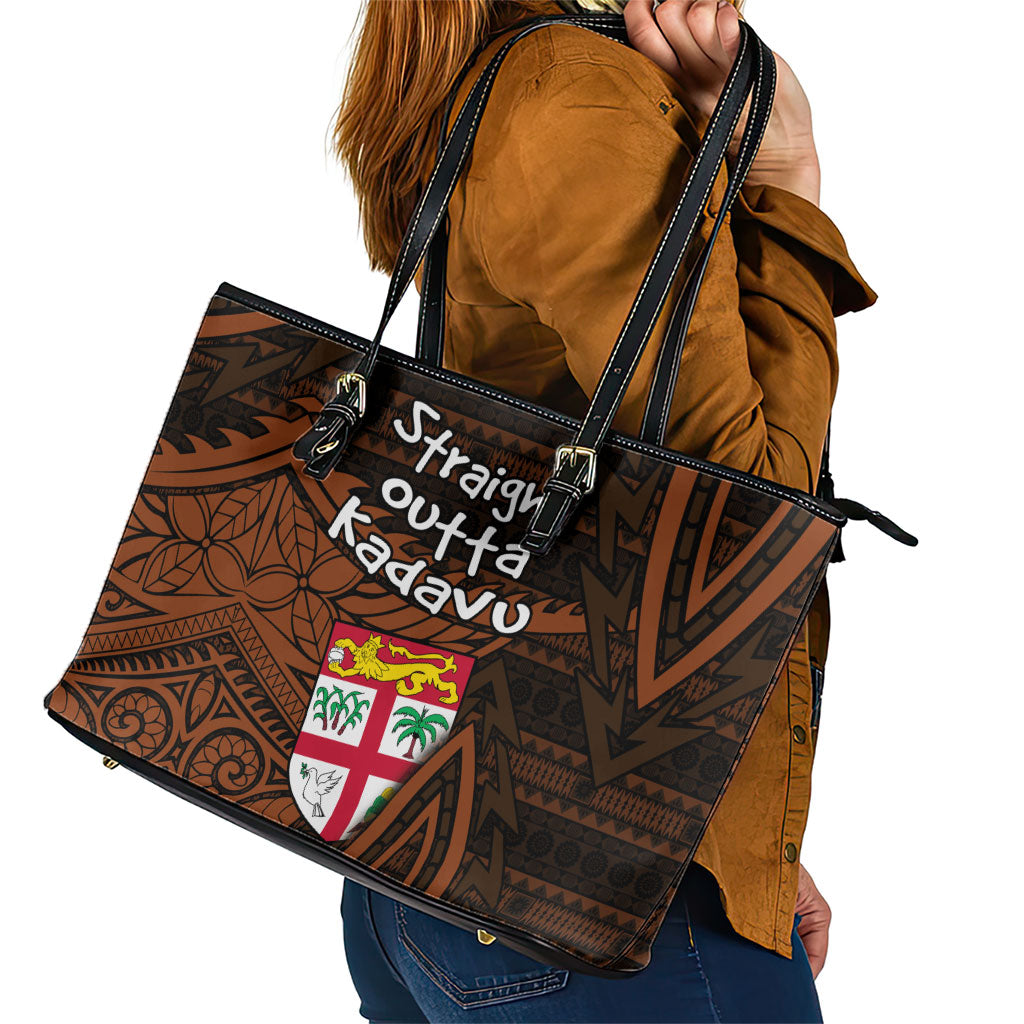 Straight Outta Kadavu Fiji Leather Tote Bag Tribal Polynesian Tattoo Coat Of Arms Flag